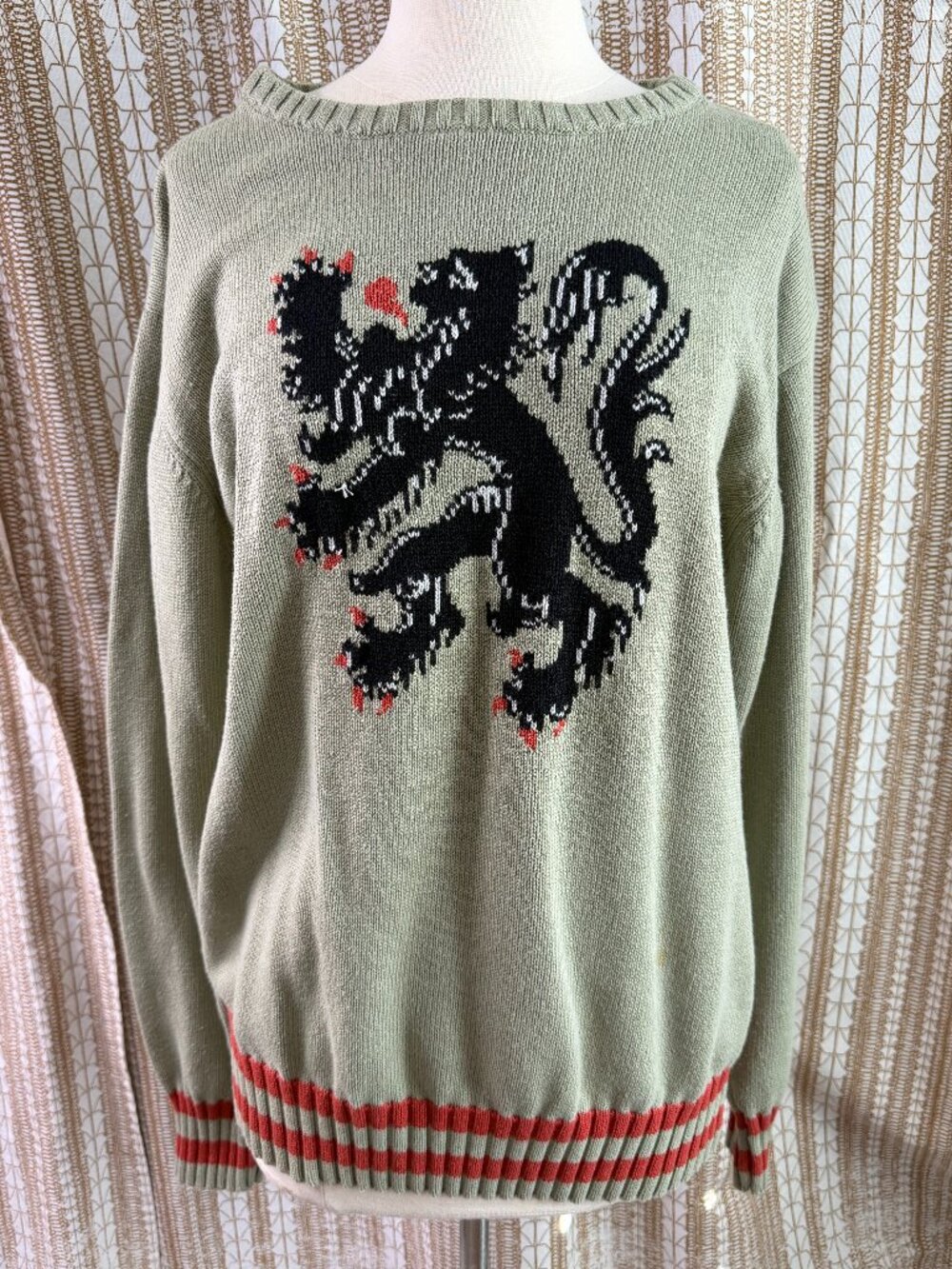 Brooklyn Industries Lion Graphic Sweater Sage Green Red Black Long Sleeve